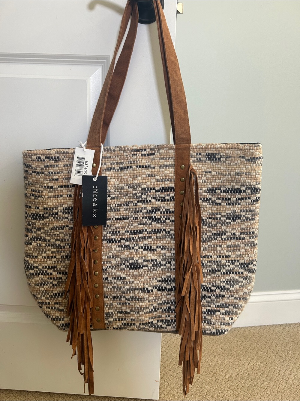 Tan Fringe Woven Tote Bag